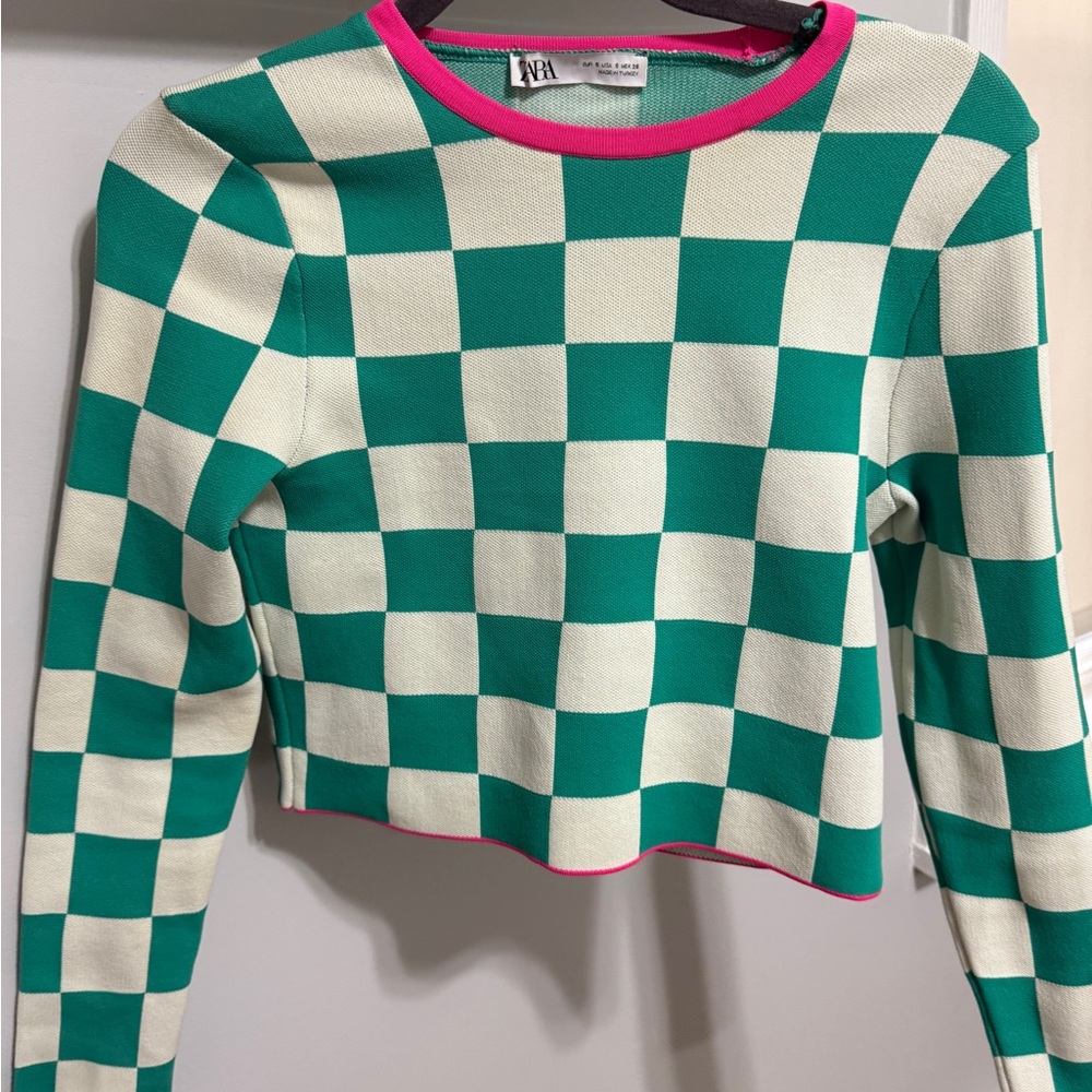 Zara Green and Cream Checkered Sweater